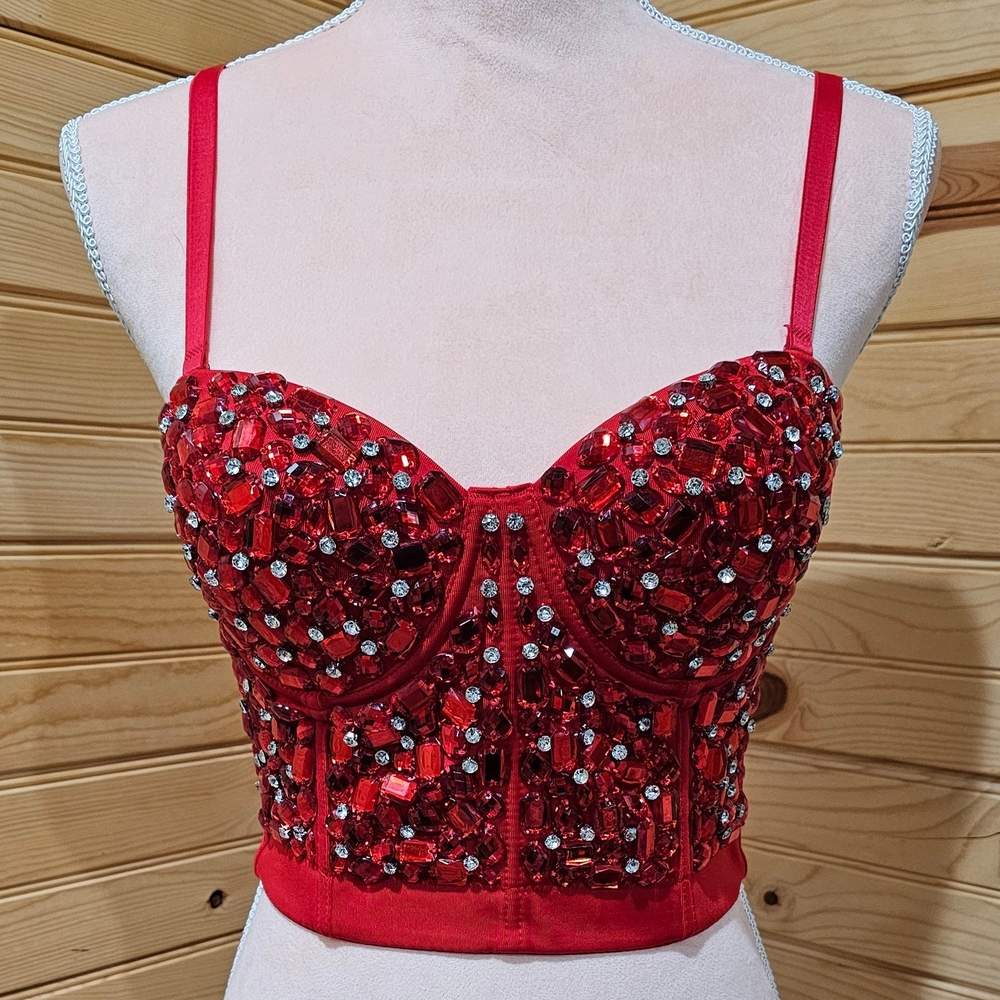 Red Rhinestone Embellished Bustier Top